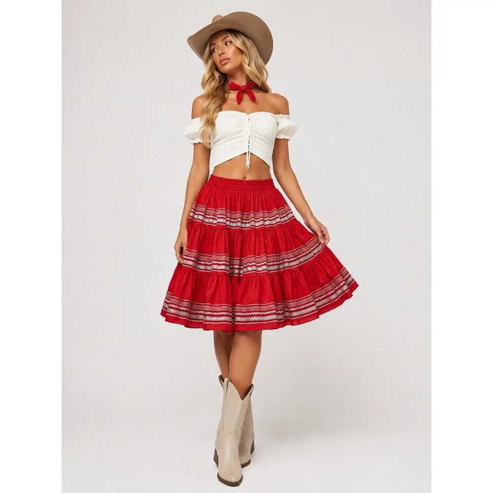 Square Up Fashions Red Dance Skirt Metallic Ruffle Fair M USA Made